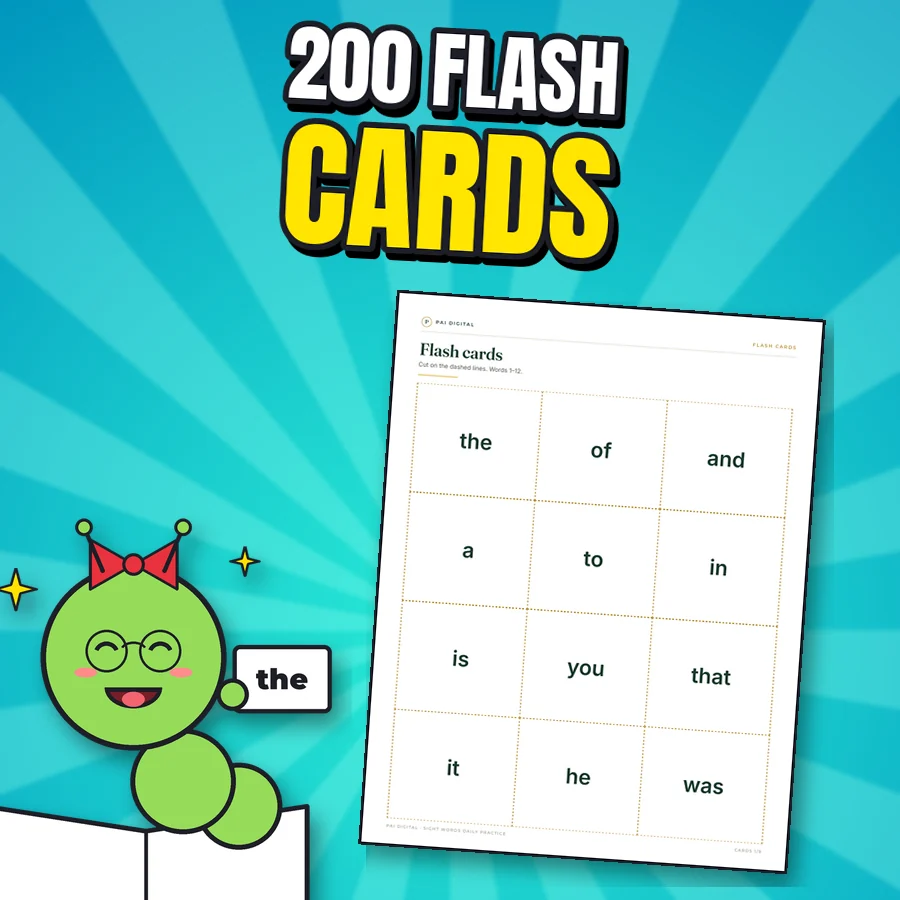 Happy bookworm next to the real flash card page
