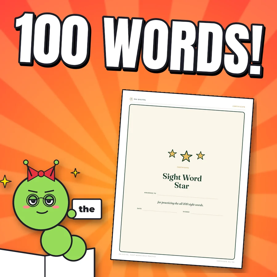 Proud bookworm next to the real Sight Word Star certificate