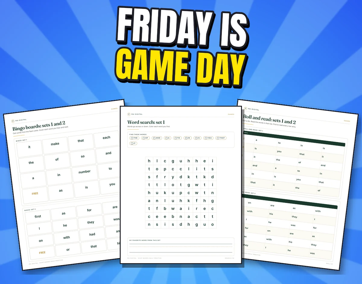 Three real game pages: bingo boards, word search and roll and read