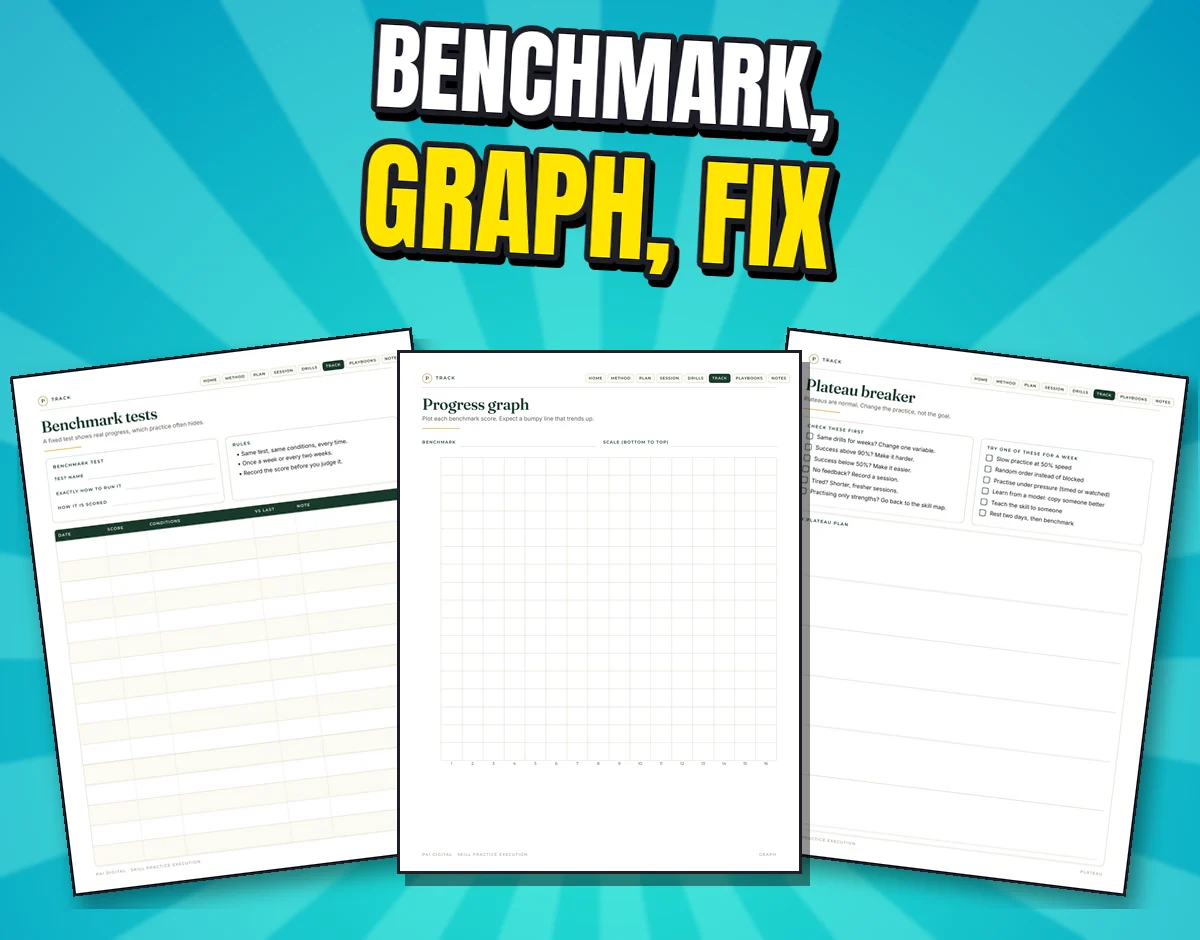 Three real pages: benchmark tests, progress graph and plateau breaker