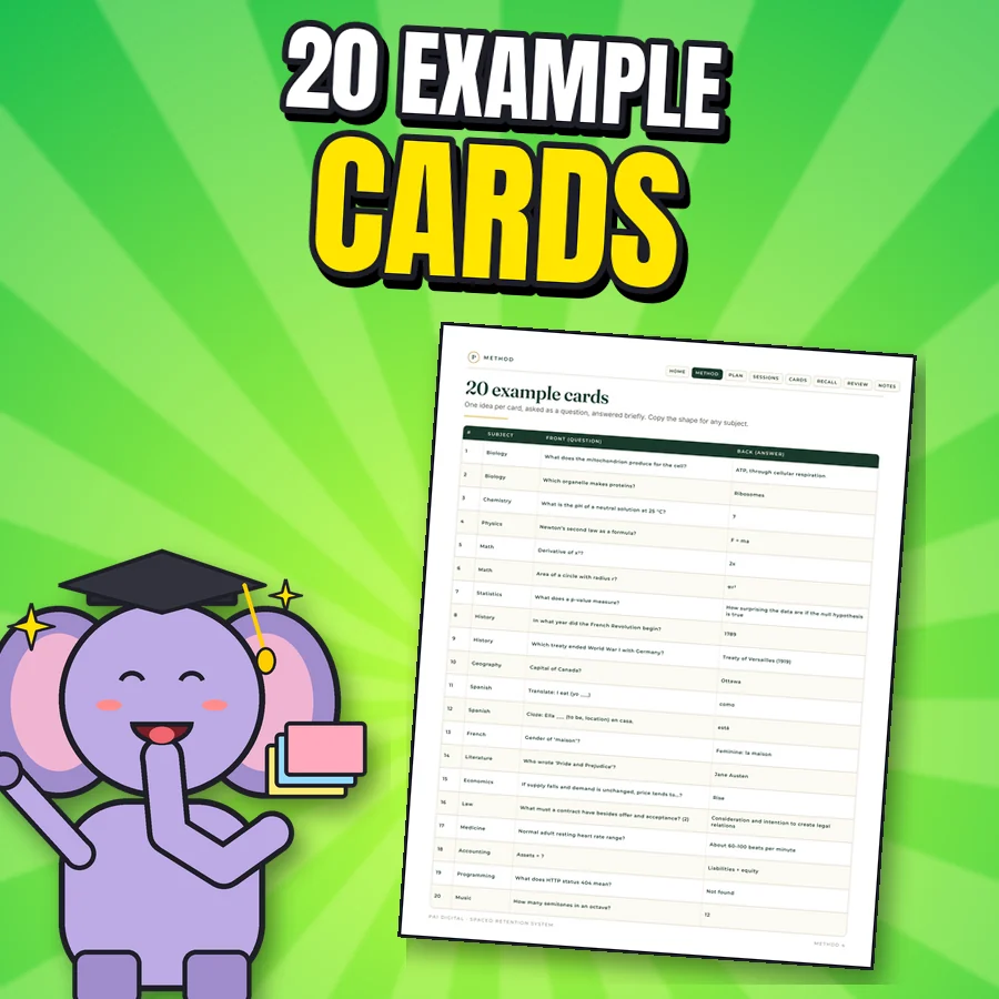 Happy elephant next to the real 20 example cards page