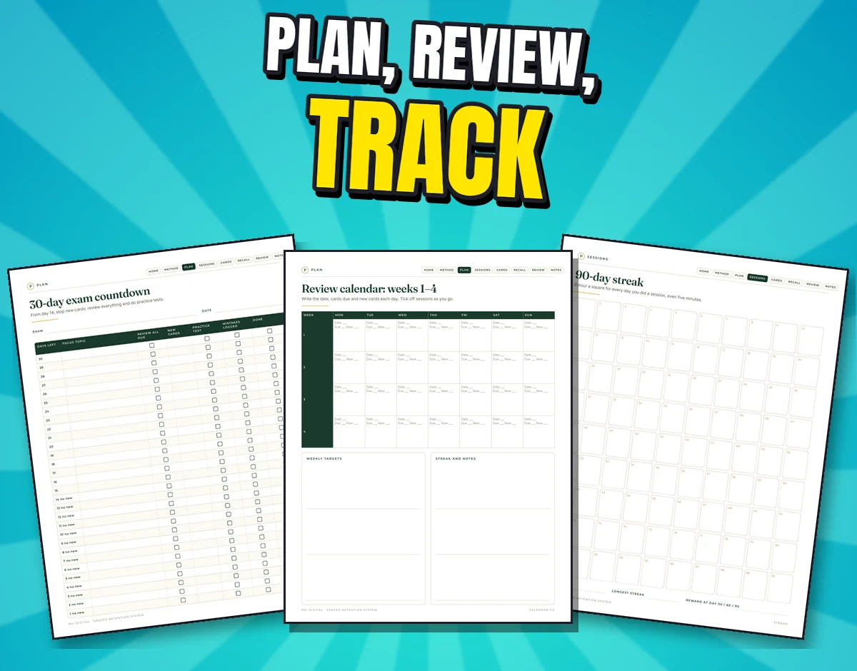 Three real pages: 30-day exam countdown, review calendar weeks 1-4 and 90-day streak