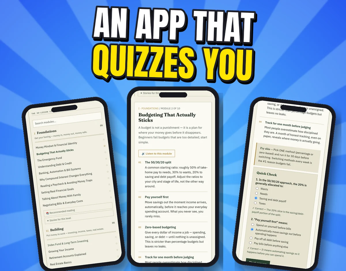 Three real screenshots of The Ledger app on phones: the lesson list, a lesson and a quick-check quiz