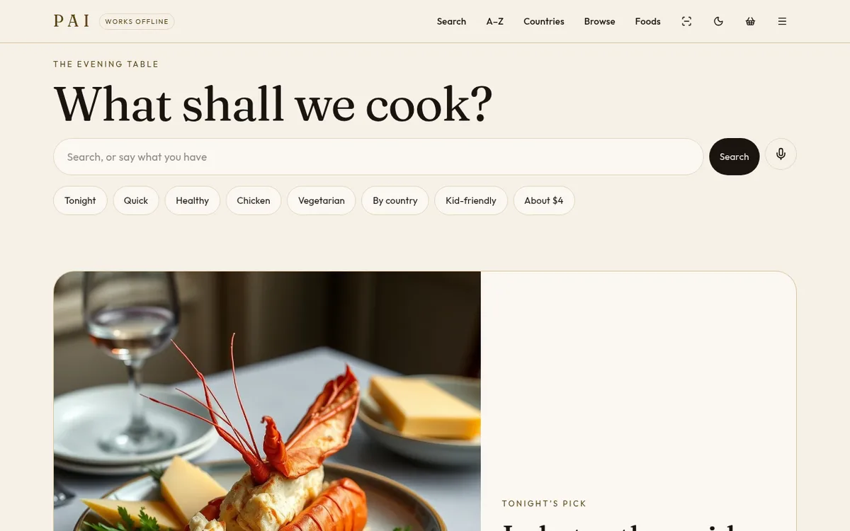 Pai Recipes home screen with search