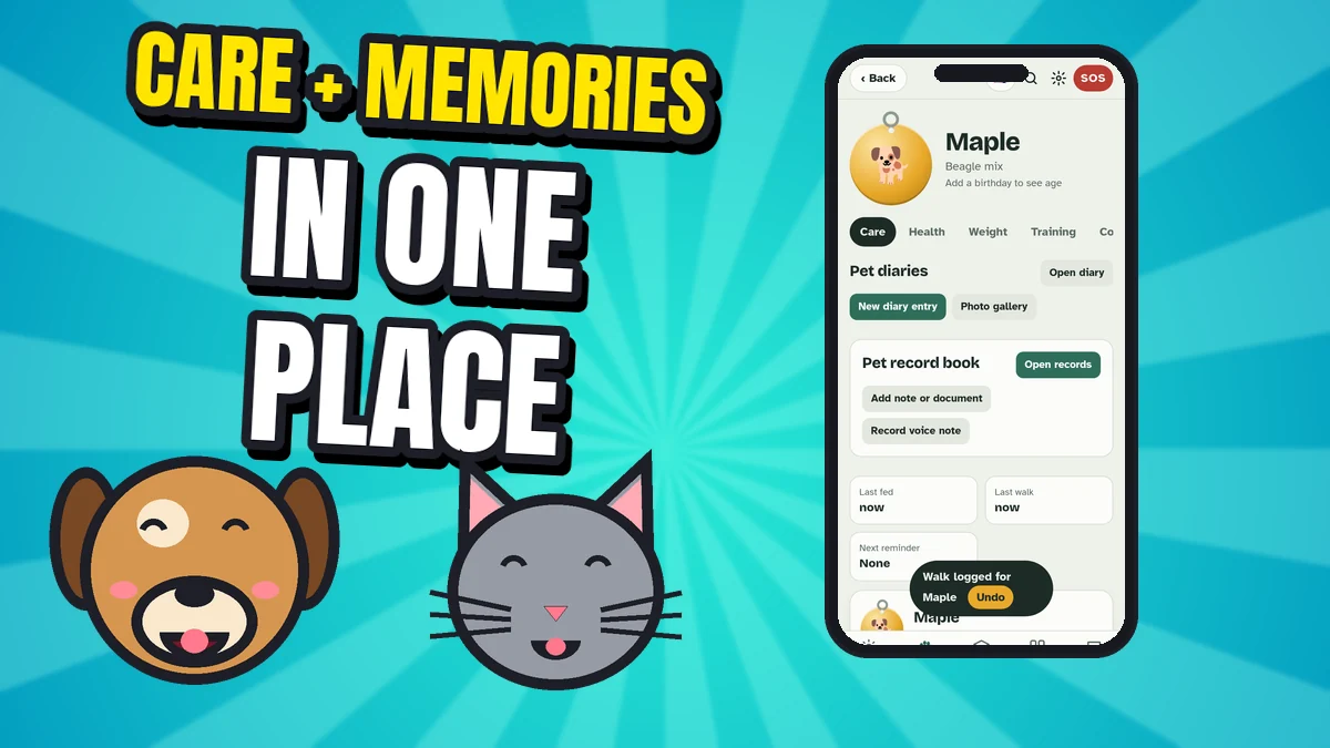 Cartoon dog and cat with the words CARE + MEMORIES IN ONE PLACE, beside a real Tailnook screen