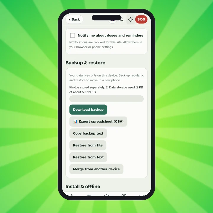 Tailnook backup and restore screen