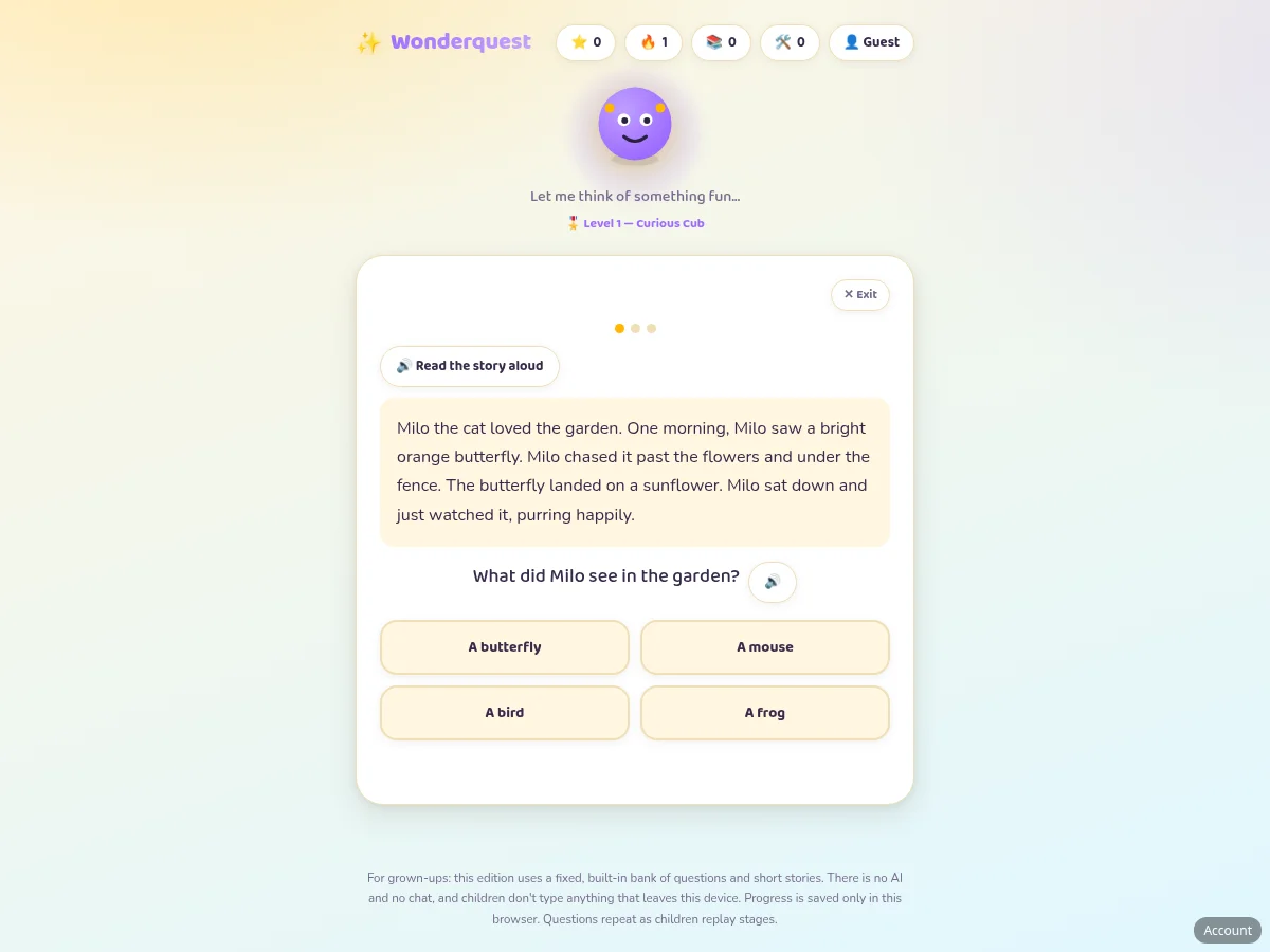Wonderquest reading story and question
